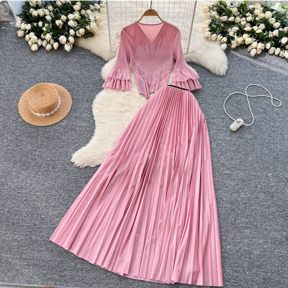 Niche Beaded Top & Pleated Skirt 2Pcs