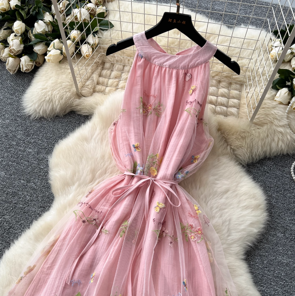 Fairy Pink Floral Patchwork Halter Dress