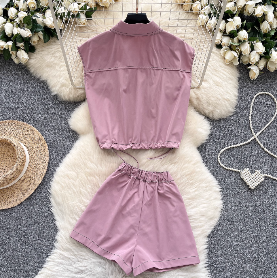 Drawstring Top & Wide-leg Shorts 2Pcs