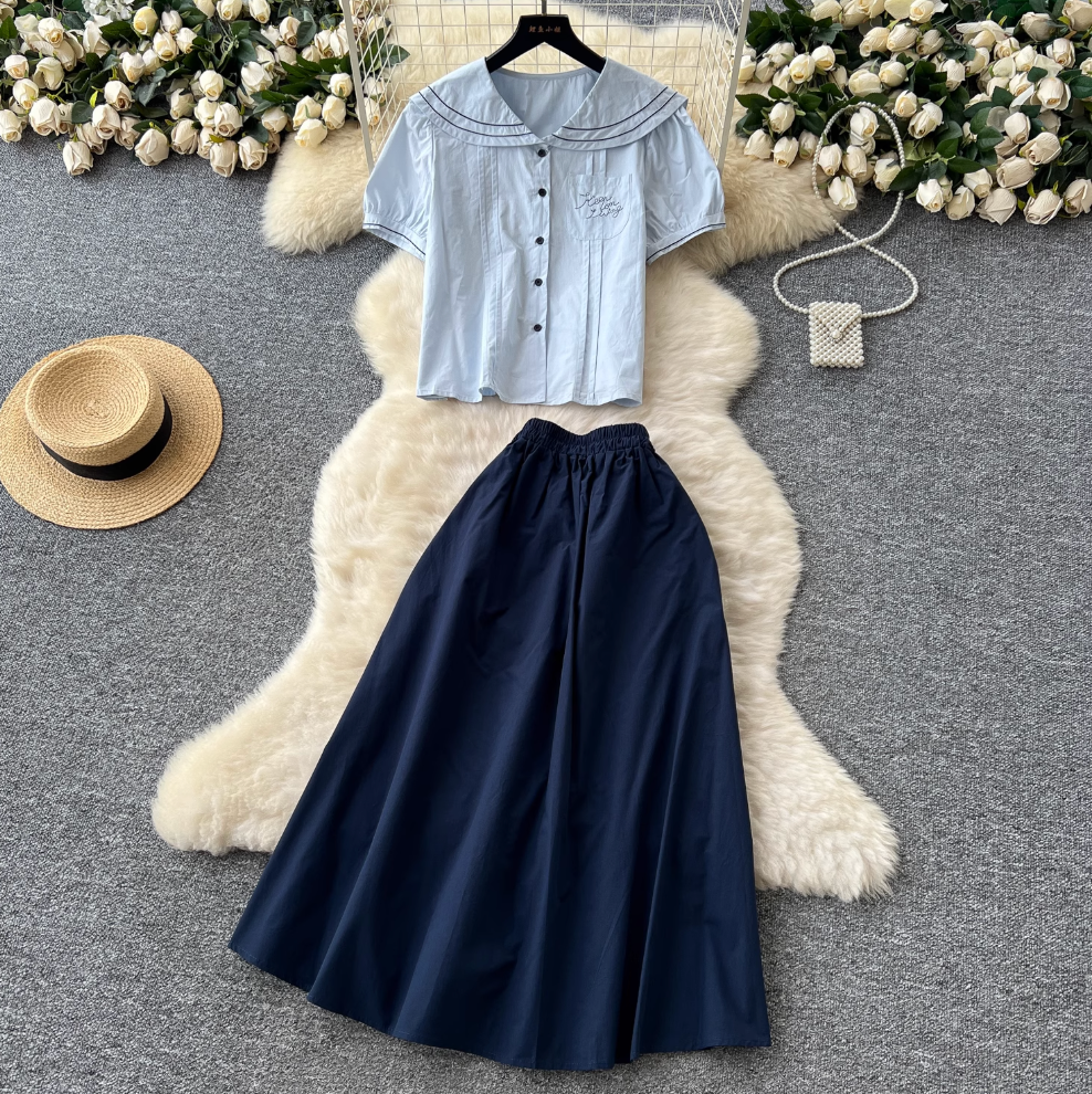 Mori Puffy-sleeve Shirt & Skirt 2Pcs