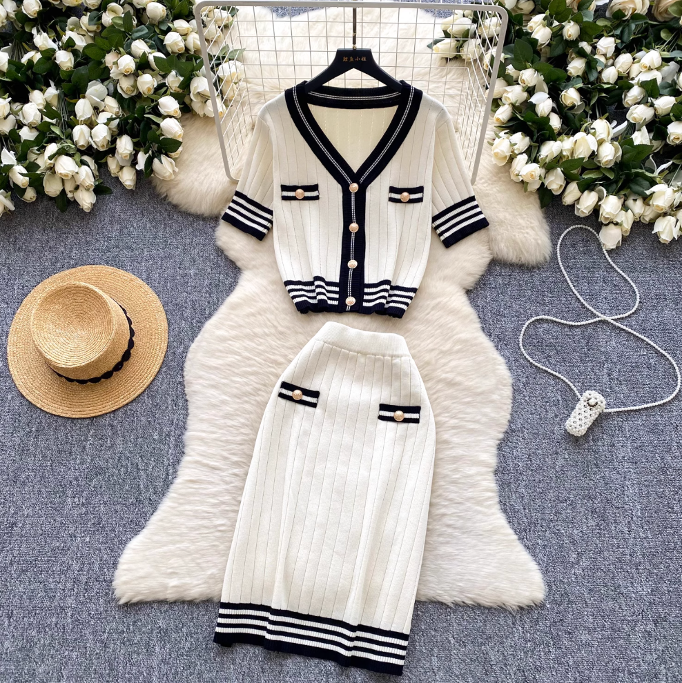 Vintage Color-blocking Striped Cardigan & Skirt