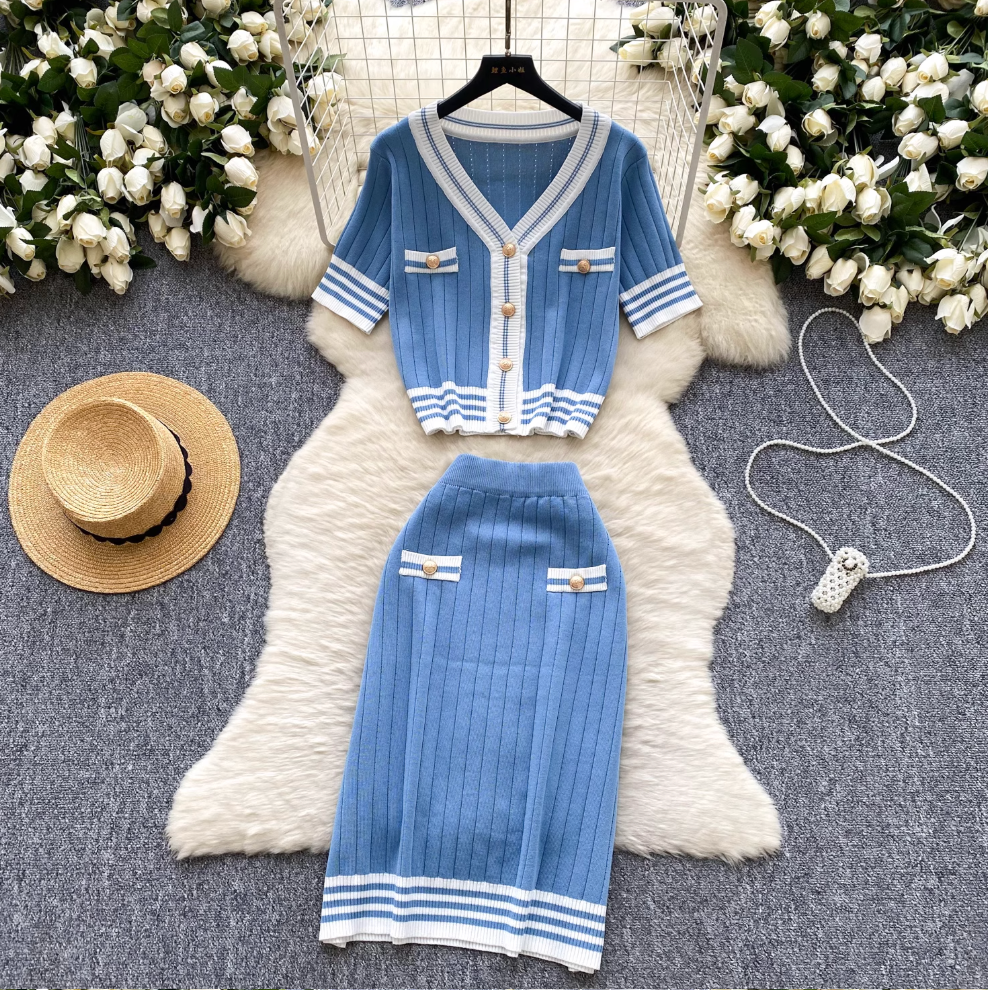Vintage Color-blocking Striped Cardigan & Skirt