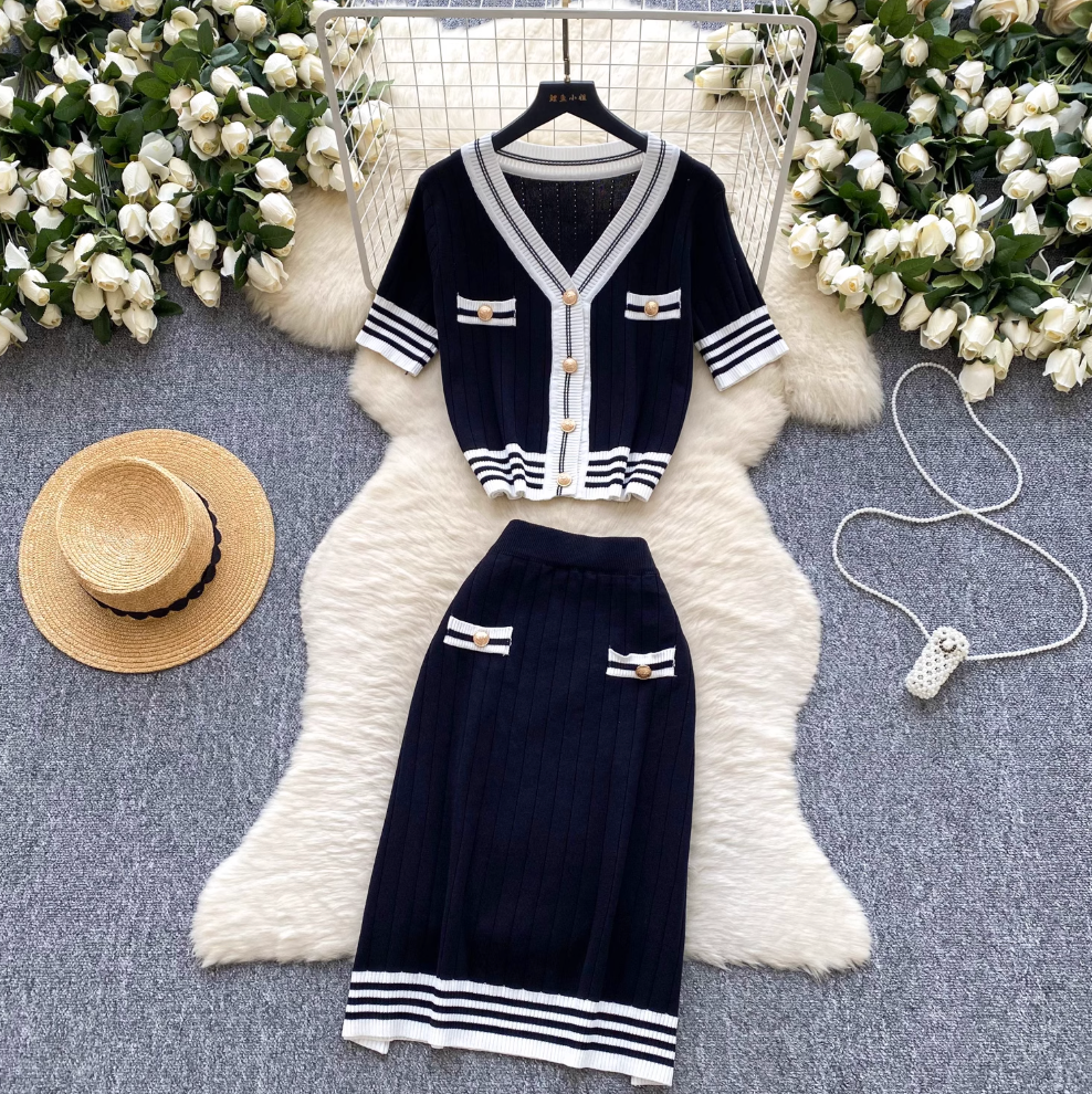Vintage Color-blocking Striped Cardigan & Skirt