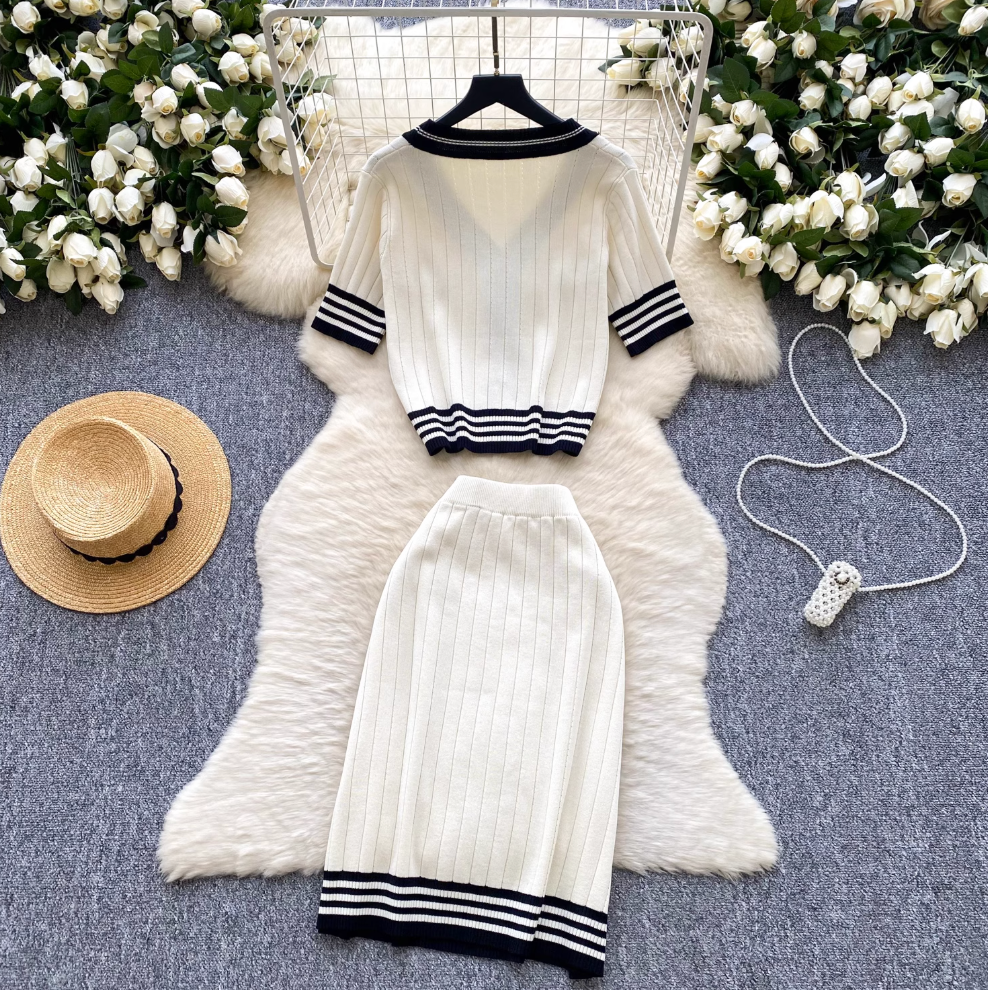 Vintage Color-blocking Striped Cardigan & Skirt