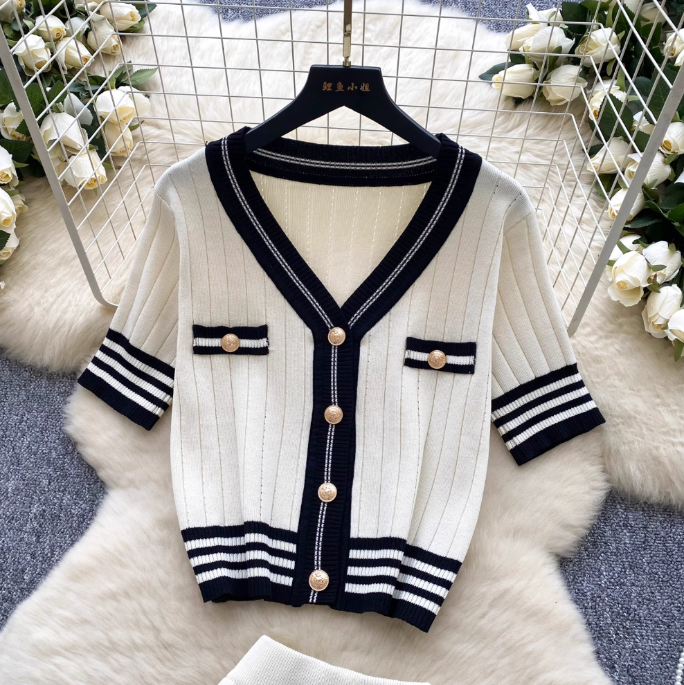 Vintage Color-blocking Striped Cardigan & Skirt