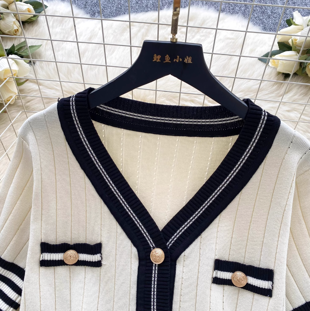 Vintage Color-blocking Striped Cardigan & Skirt