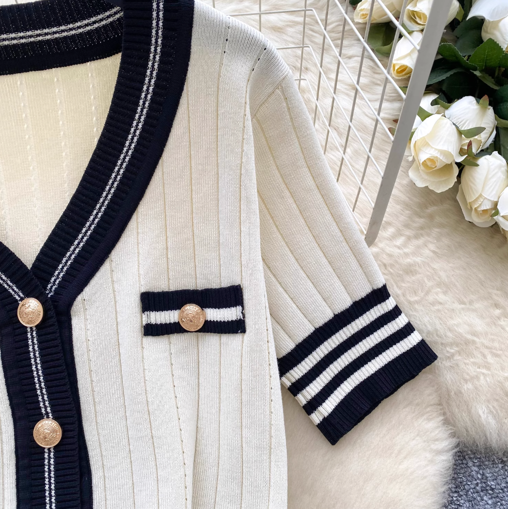 Vintage Color-blocking Striped Cardigan & Skirt