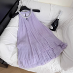 Purple Pleated Beaded Halter Dress