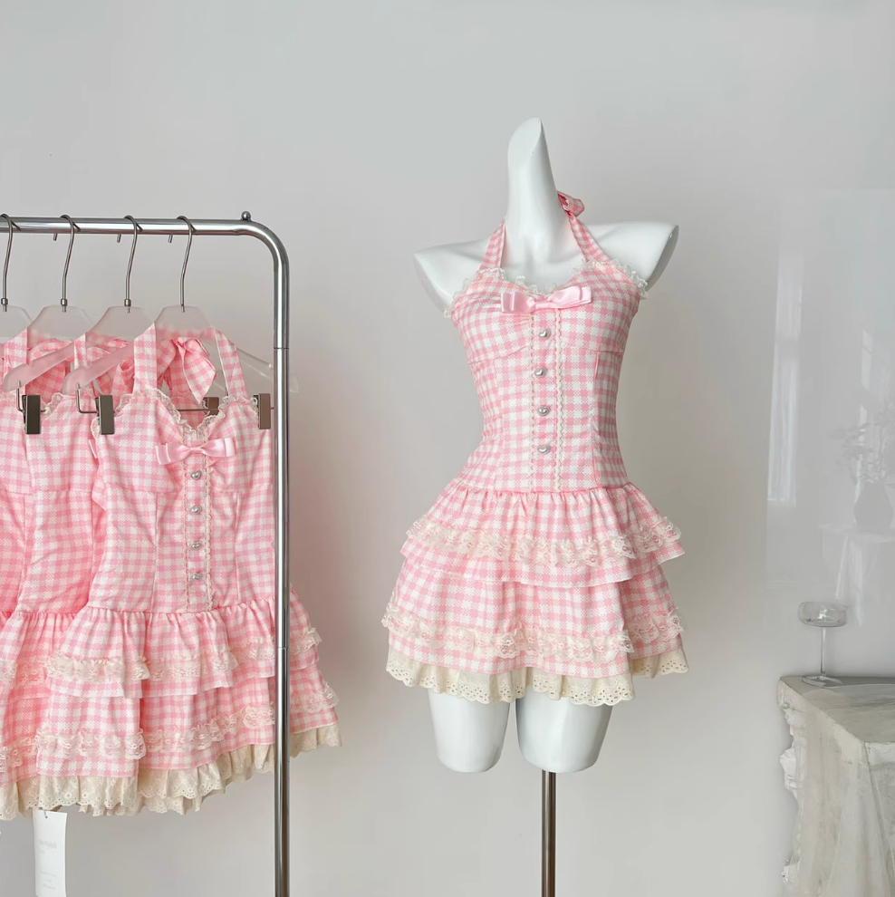 Sweetie Plaid Puffy Halter Dress