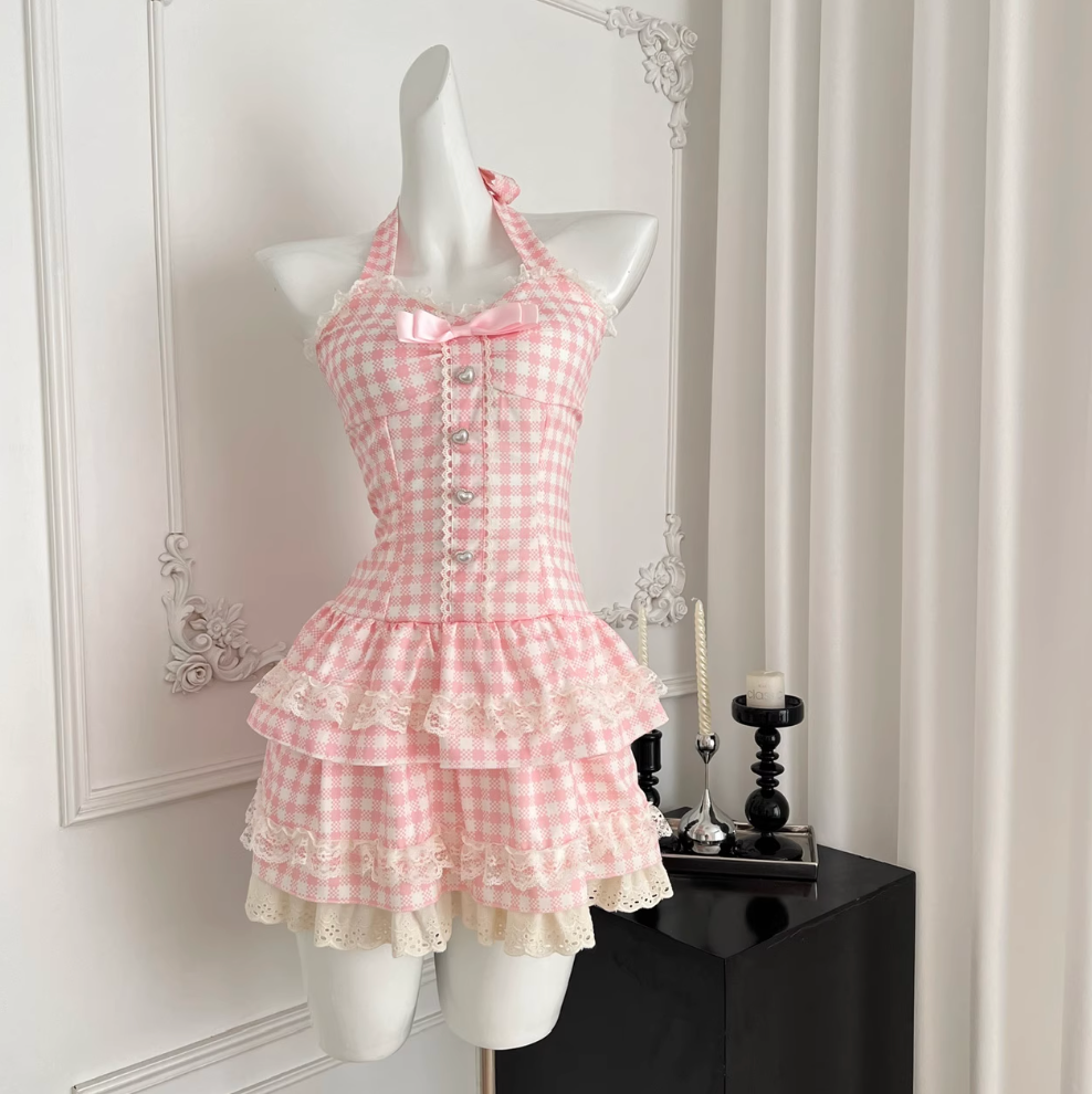 Sweetie Plaid Puffy Halter Dress