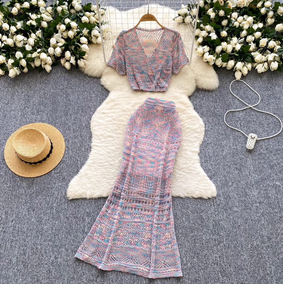 Rainbow Color Knitwear & Skirt 2Pcs
