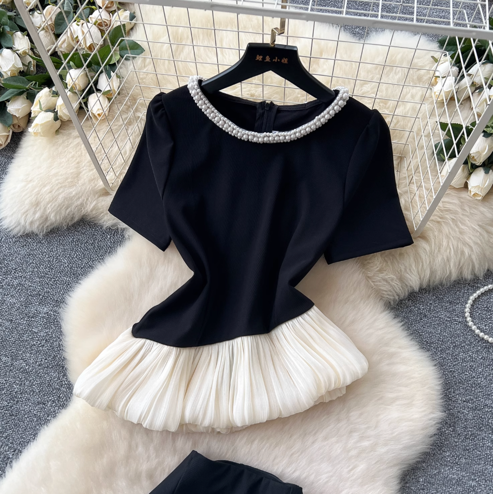 Beaded Asymmetric Top & Skirt 2Pcs