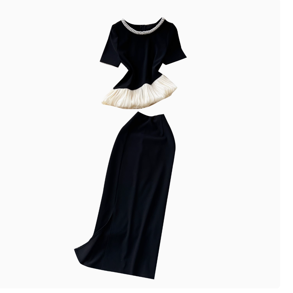 Beaded Asymmetric Top & Skirt 2Pcs