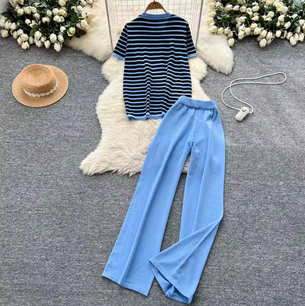 Striped Knitwear & Wide-leg Trousers 2Pcs