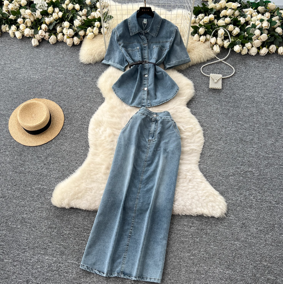 Denim Shirt & Split Skirt Chic 2Pcs