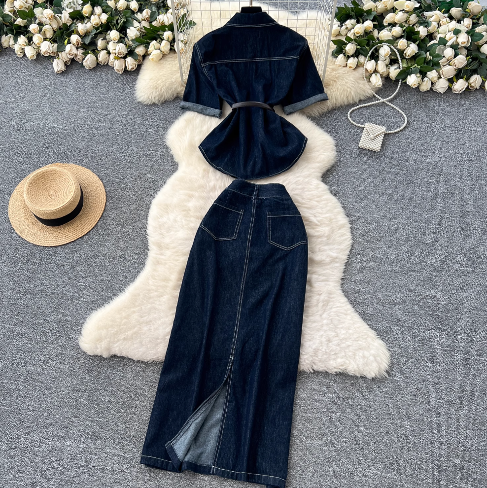 Denim Shirt & Split Skirt Chic 2Pcs