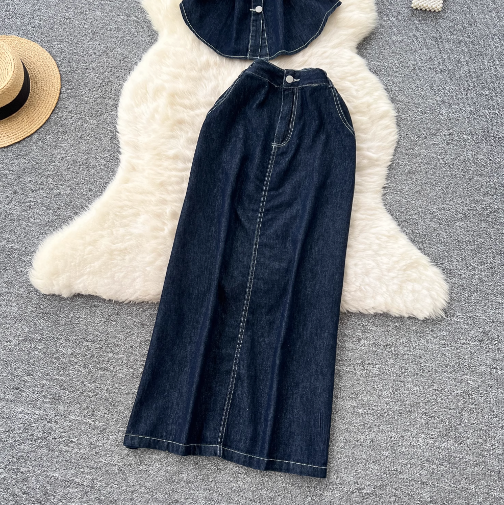 Denim Shirt & Split Skirt Chic 2Pcs