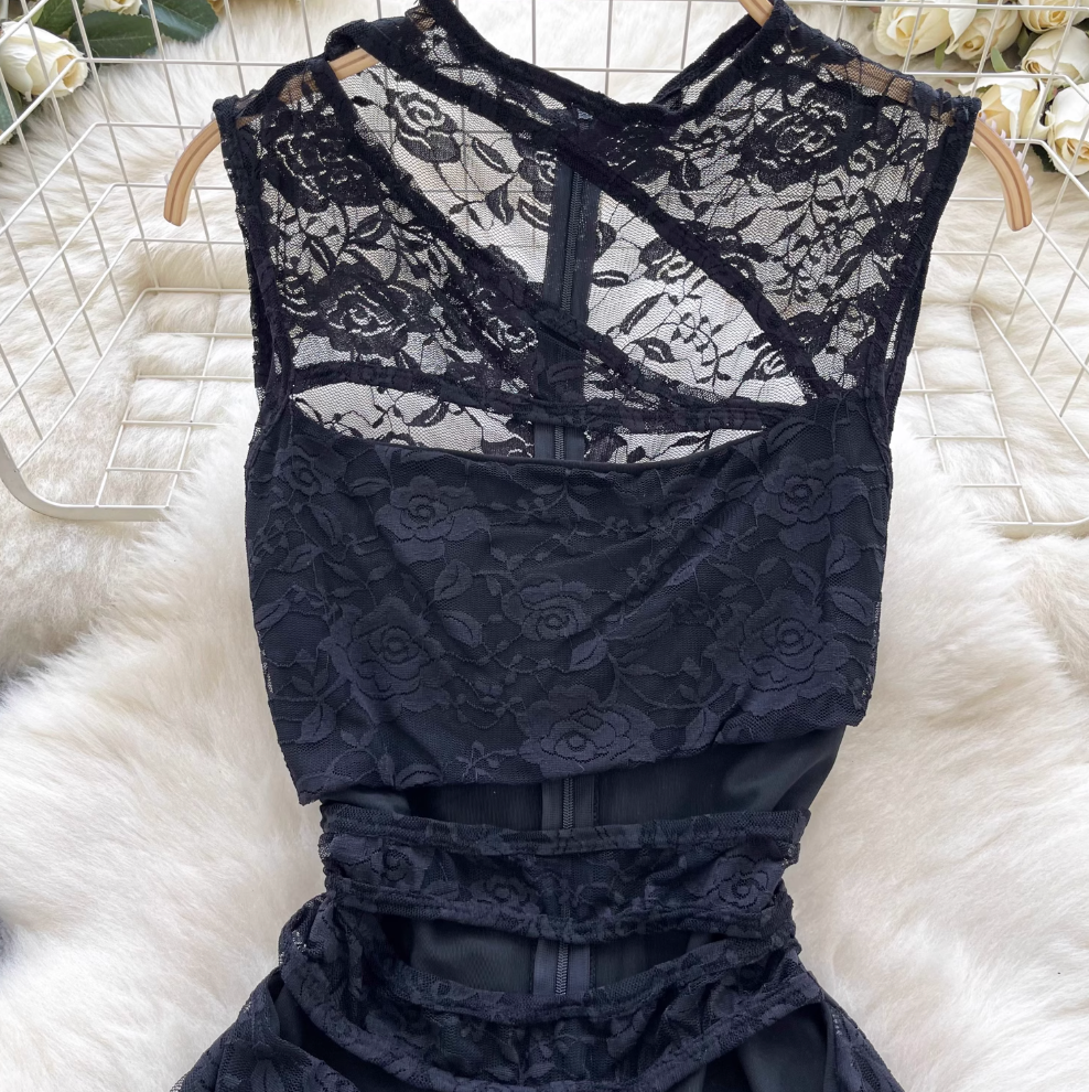 Hollowed See-through Black Lace Rompers