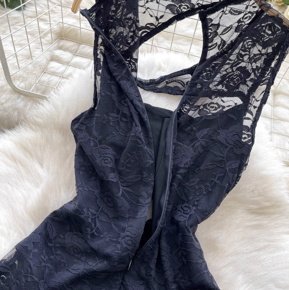 Hollowed See-through Black Lace Rompers