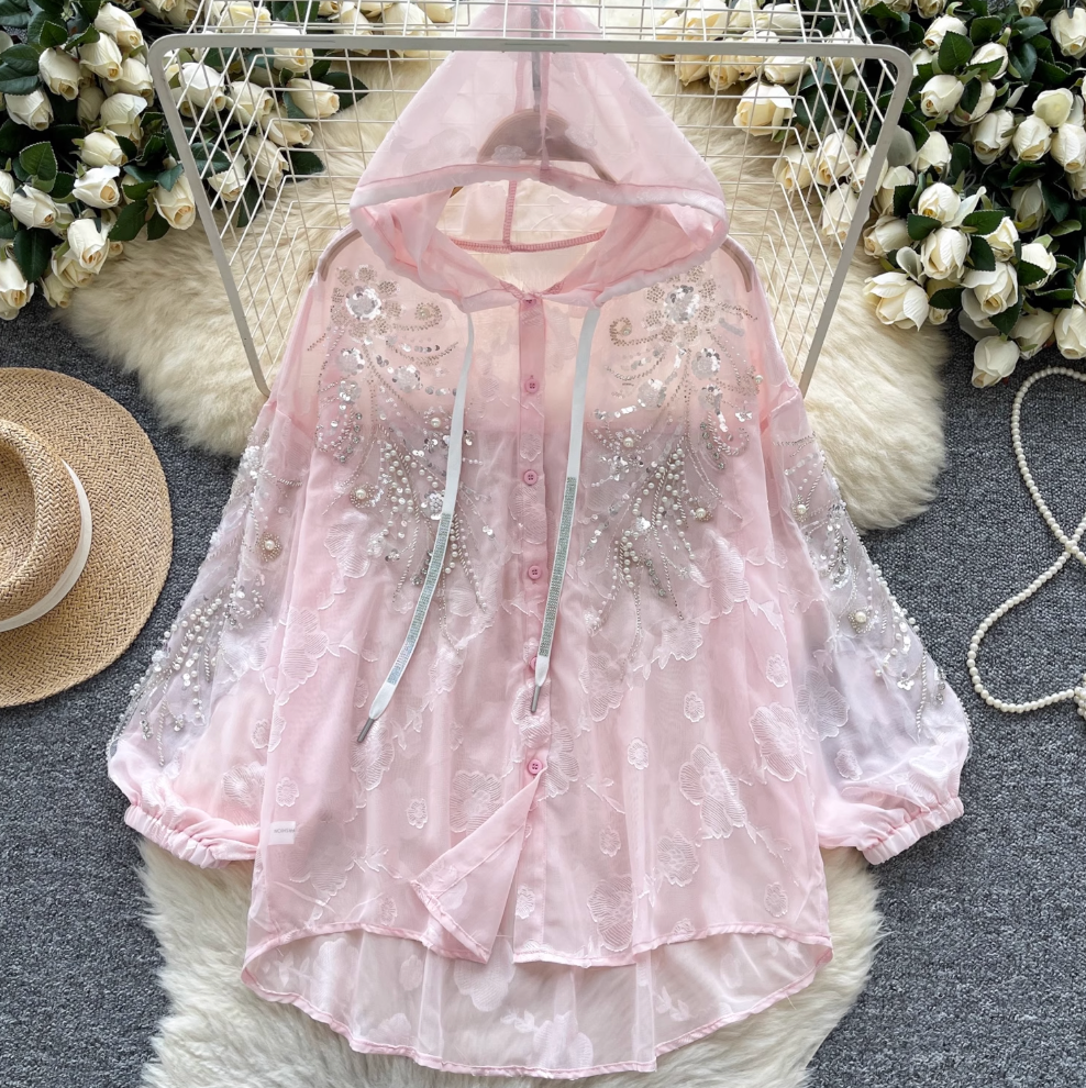 Sequined Embroidery Hooded Sunscreen Top