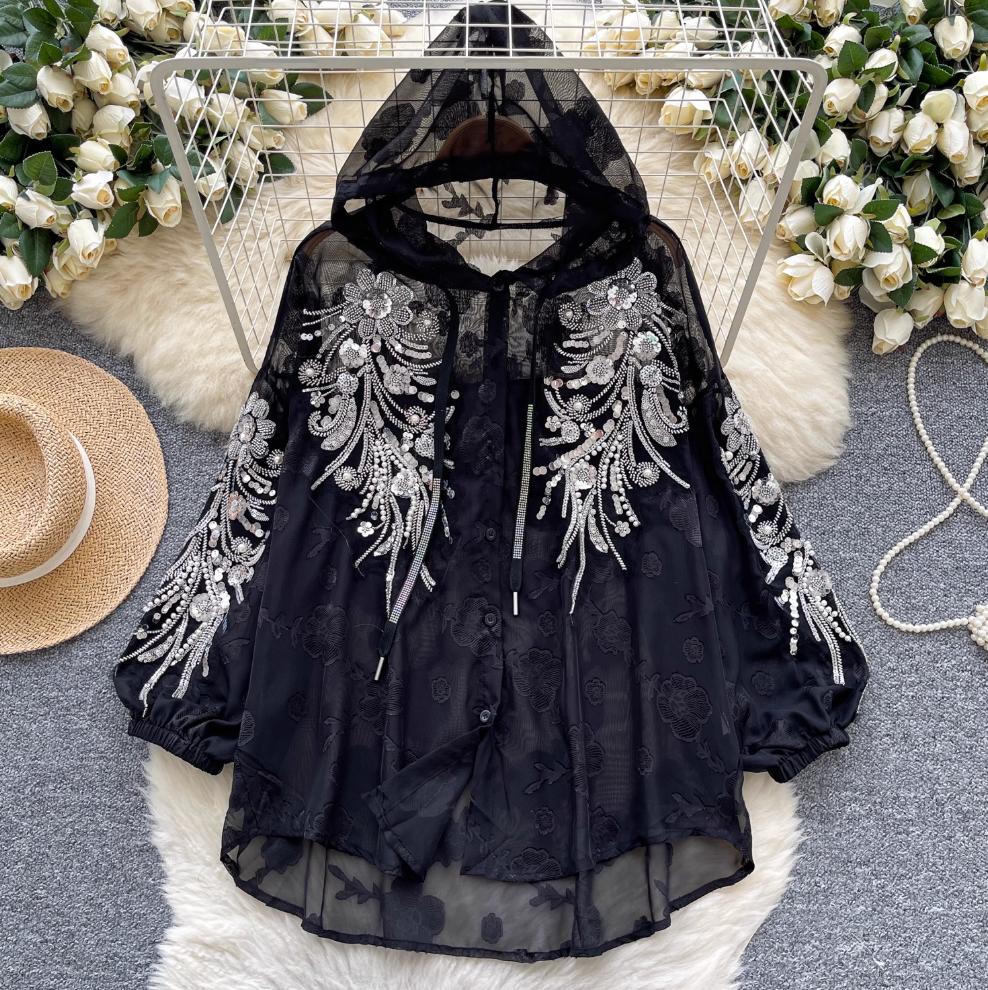 Sequined Embroidery Hooded Sunscreen Top