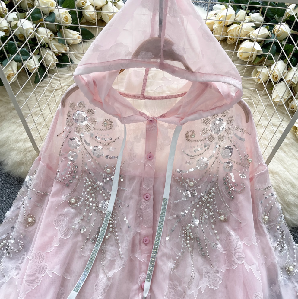 Sequined Embroidery Hooded Sunscreen Top