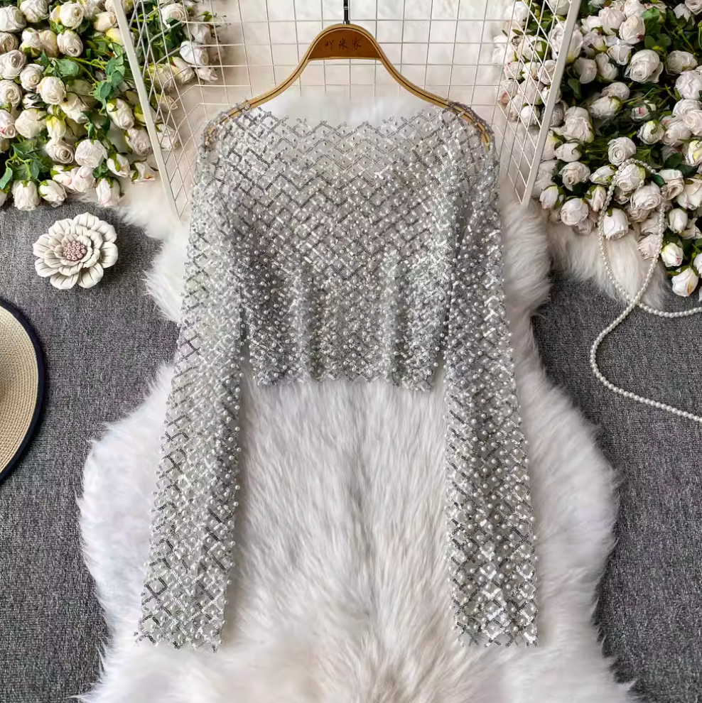 Round Collar Sequin Beaded Top