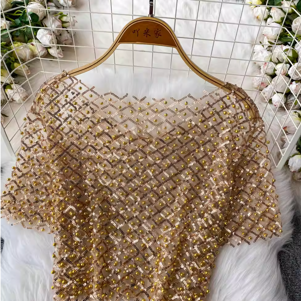 Crew Neck Sequin Short-sleeve Shirt