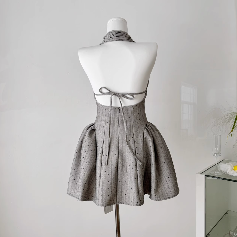 Elegant Gray Backless Halter Dress
