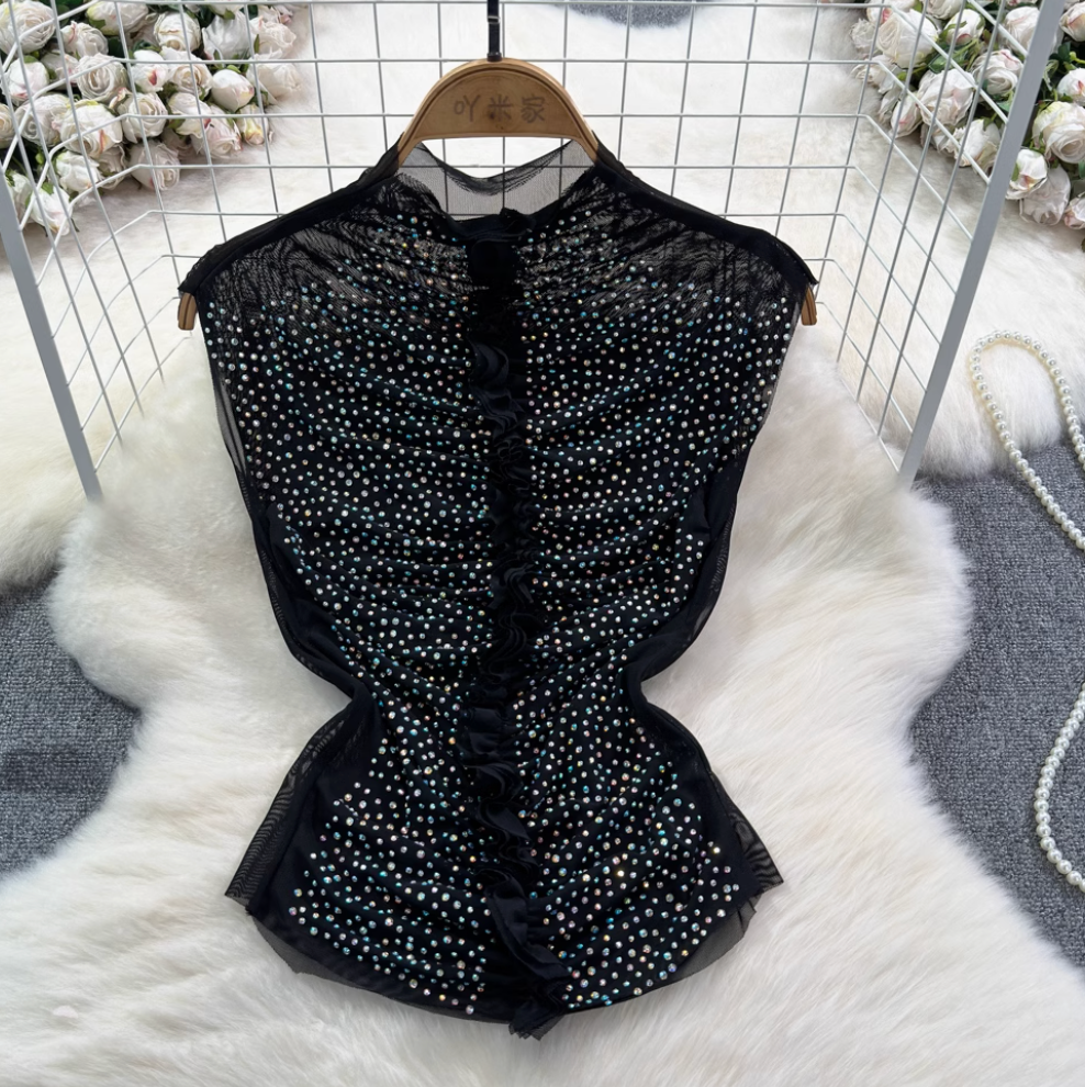 Chic Shiny Beaded Pleated Shirt