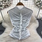 Chic Shiny Beaded Pleated Shirt