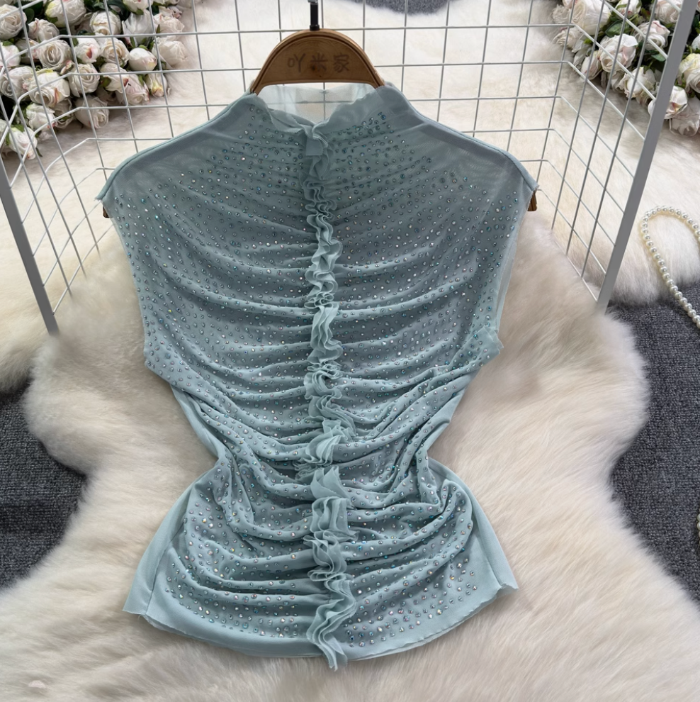 Chic Shiny Beaded Pleated Shirt