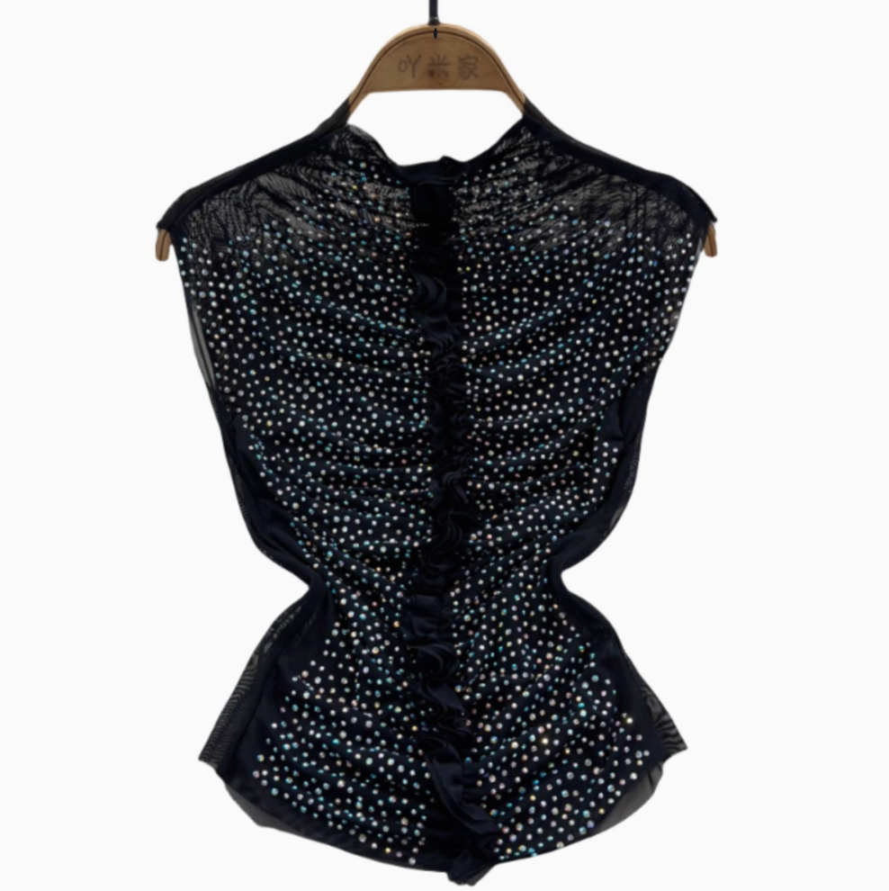 Chic Shiny Beaded Pleated Shirt