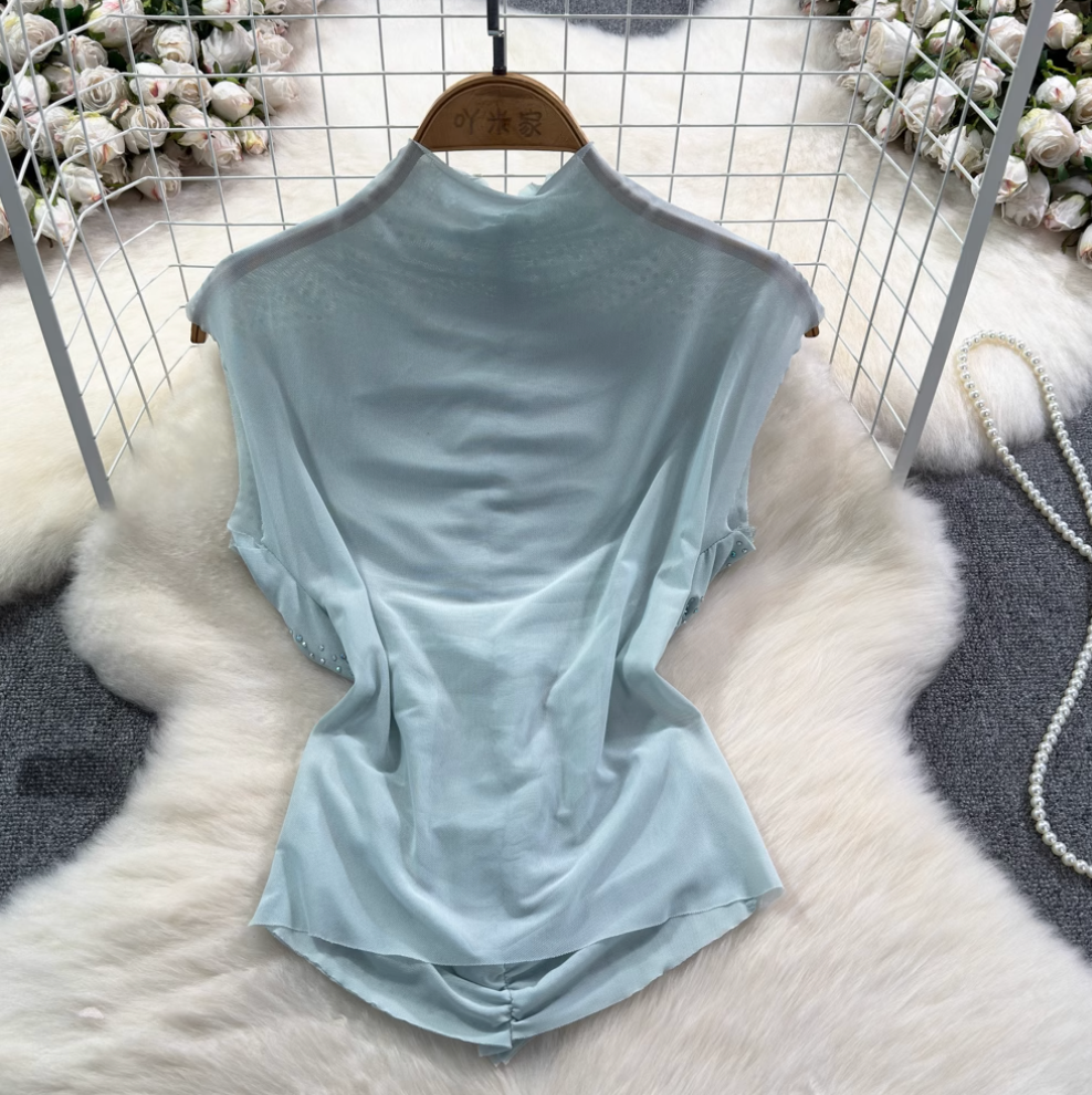 Chic Shiny Beaded Pleated Shirt