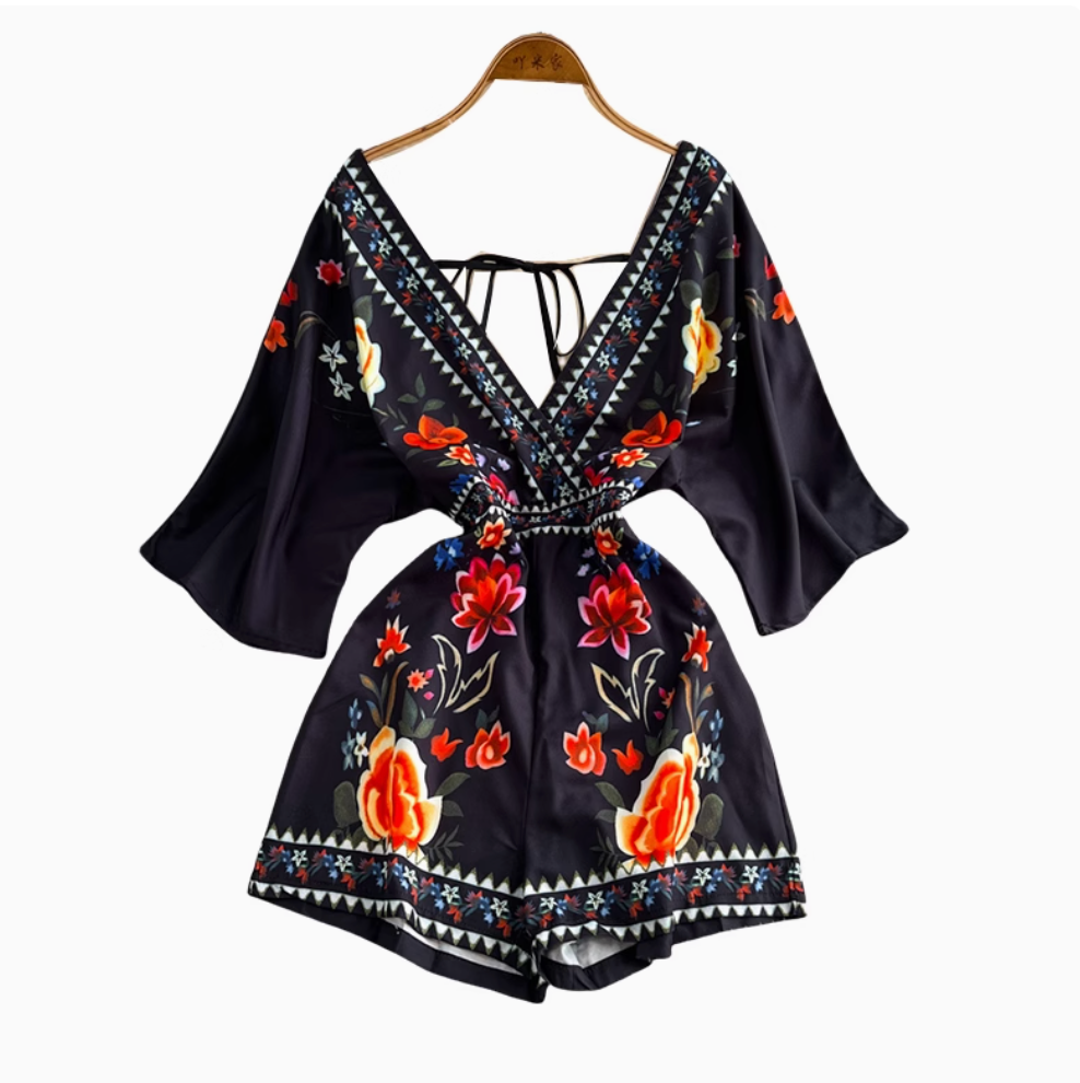 Deep V-neck Pattern Printed Rompers