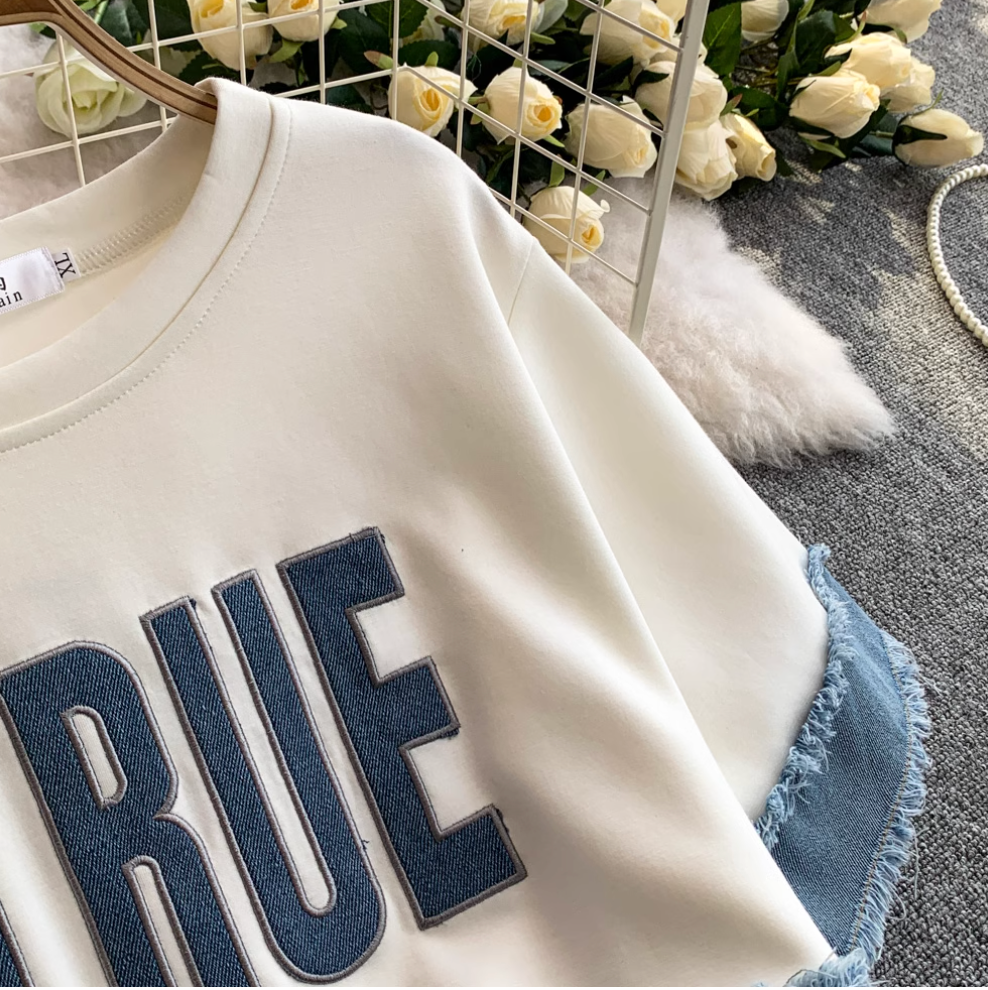 Sweatshirt & Trousers Denim Patchwork 2Pcs