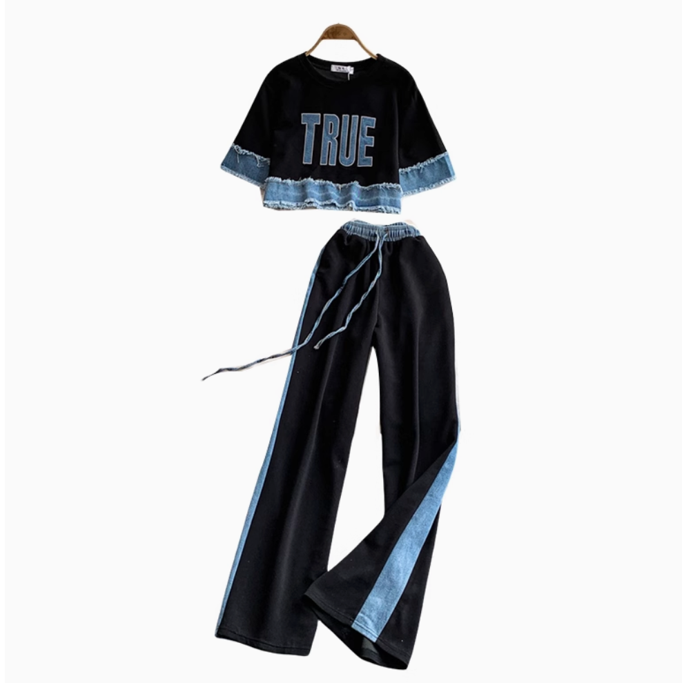 Sweatshirt & Trousers Denim Patchwork 2Pcs