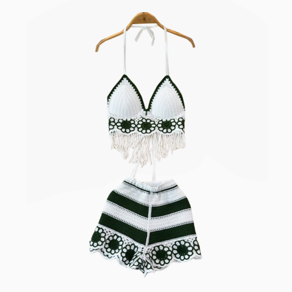 V-neck Fringed Bikini & Shorts 2Pcs