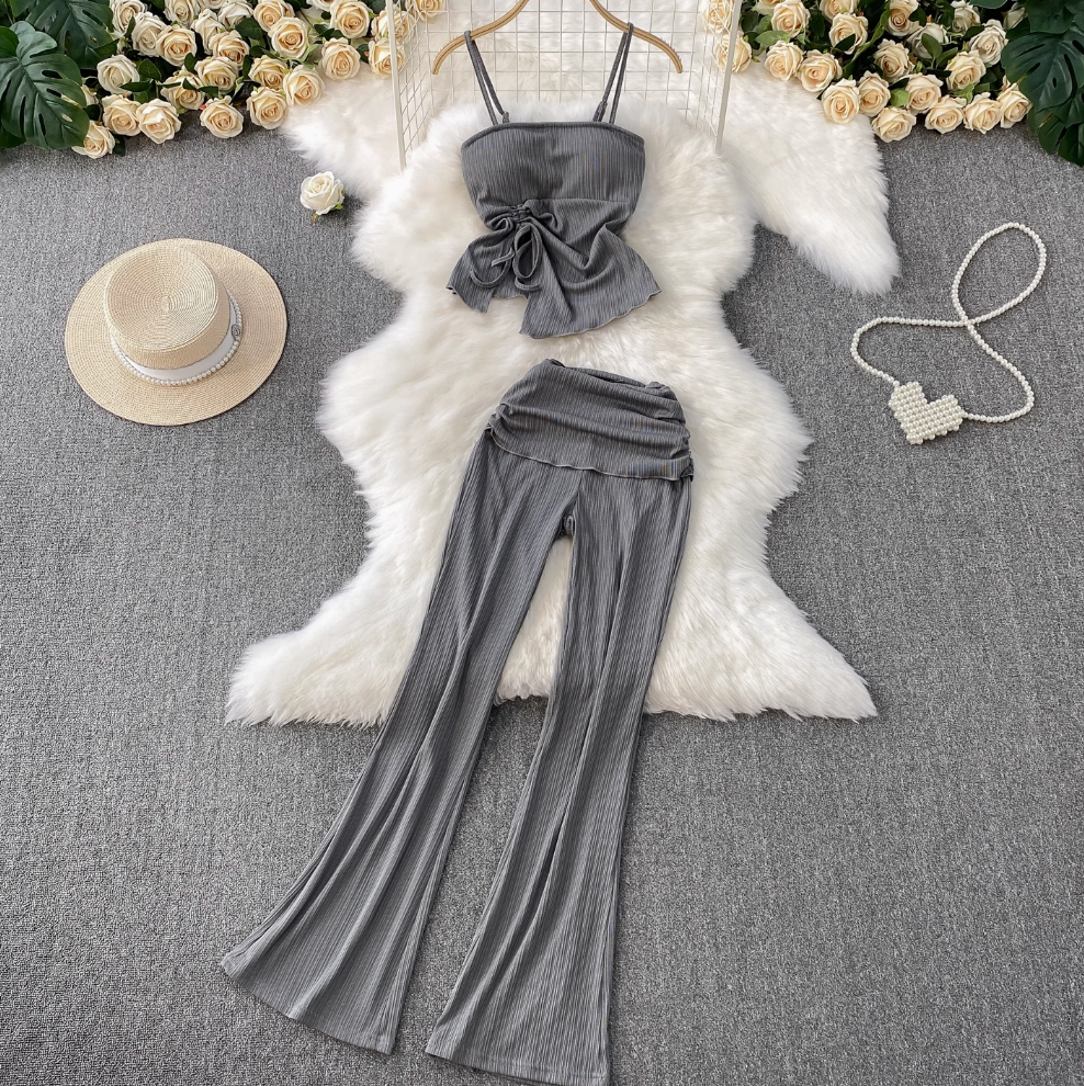 Pleated Camisole & Flared Trousers 2Pcs