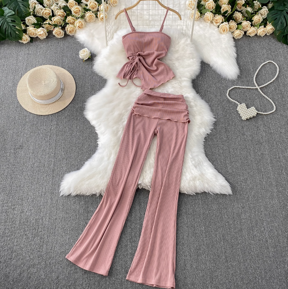Pleated Camisole & Flared Trousers 2Pcs