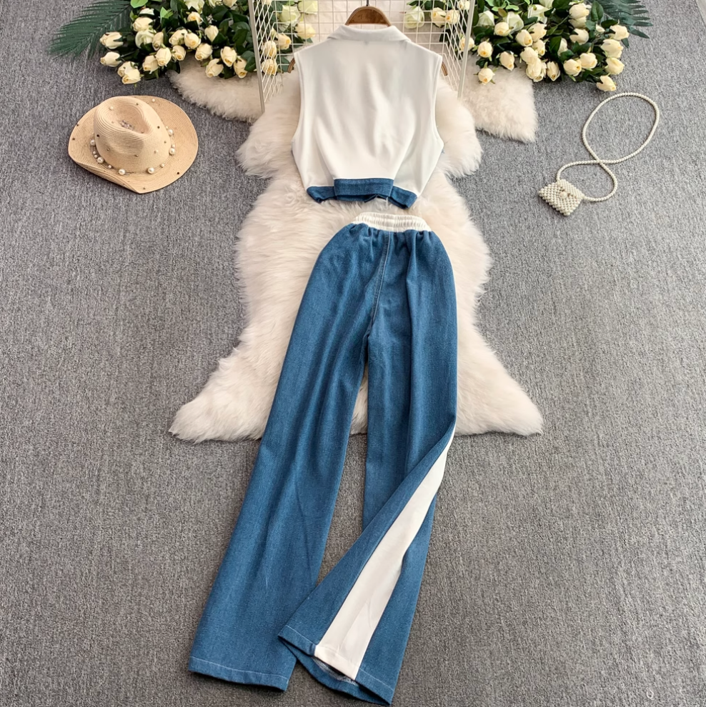Suit Collar Vest & Trousers Denim 2Pcs