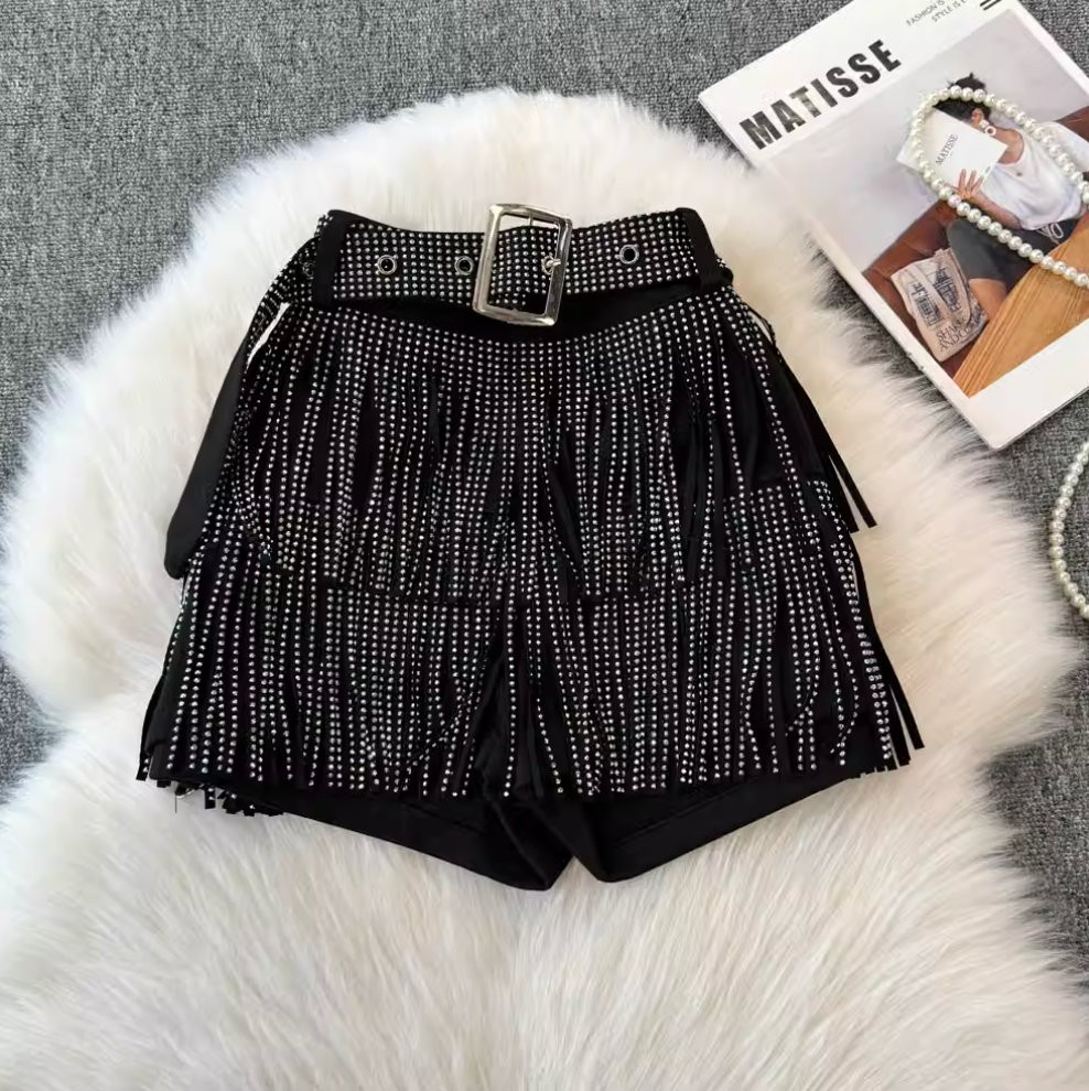 Chic Sequined Fringe Denim Shorts