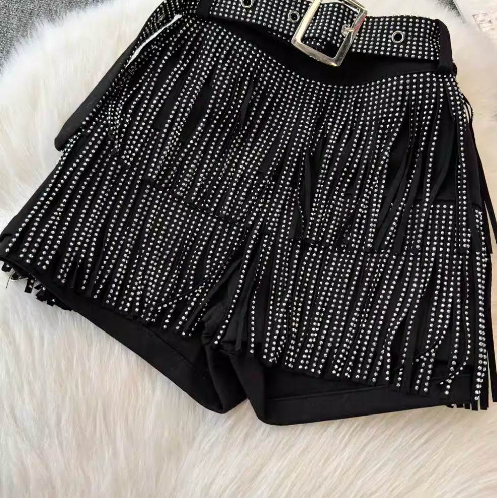 Chic Sequined Fringe Denim Shorts