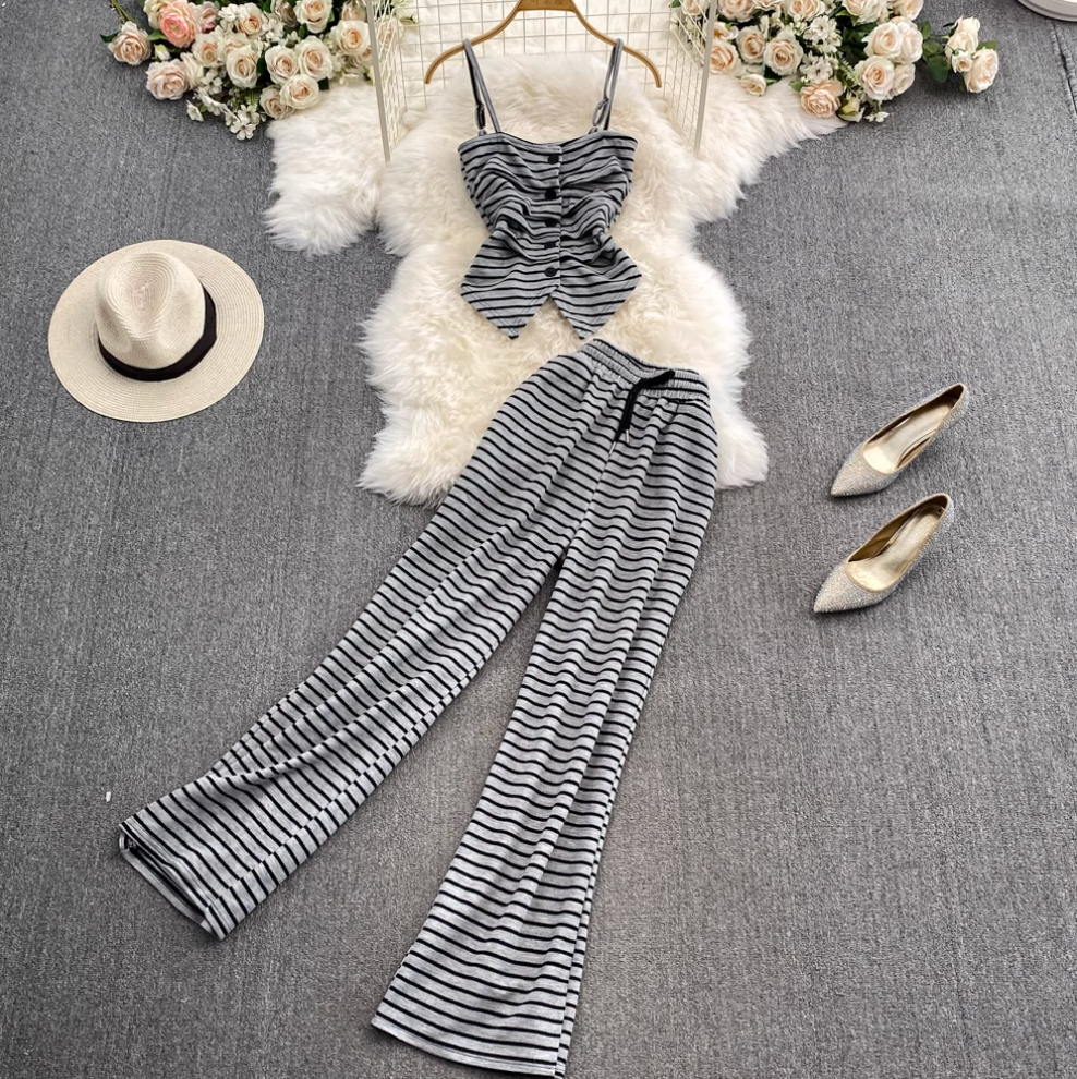 Striped Camisole & Wide-leg Trousers 2Pcs