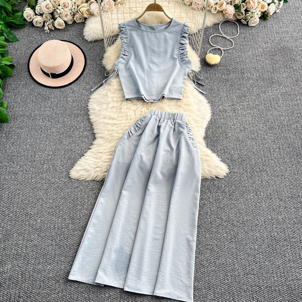 Pleated Top & High-waist Skirt 2Pcs