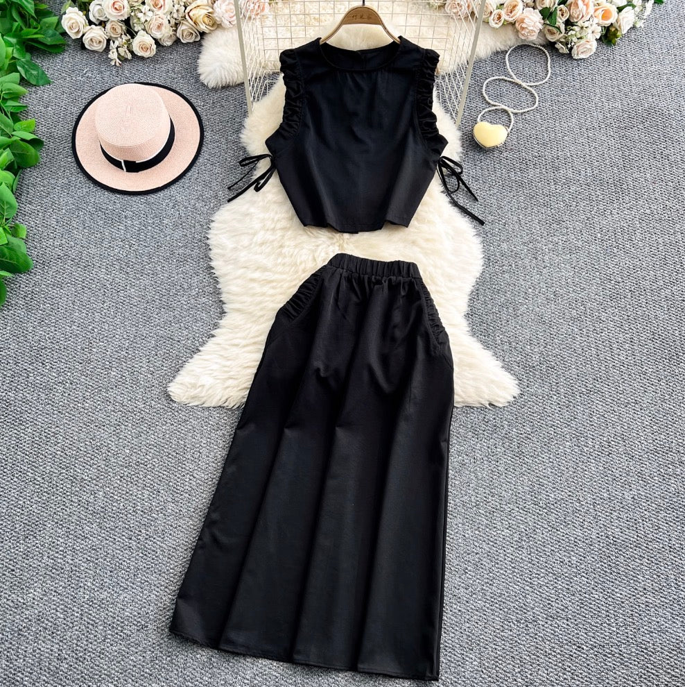 Pleated Top & High-waist Skirt 2Pcs