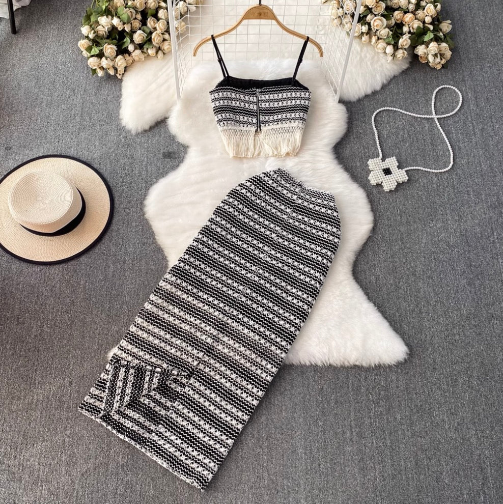Black & White Fringed Camisole & Skirt