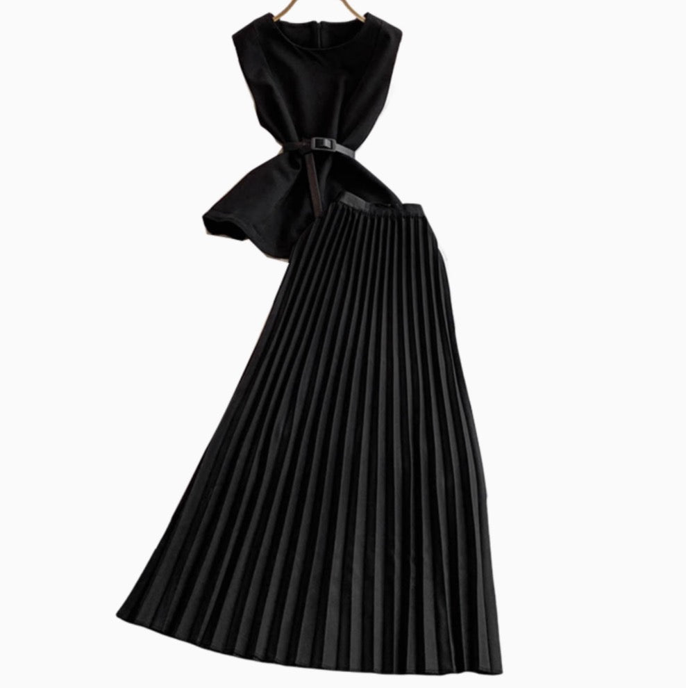 Buckled Top & Pleated Skirt 2Pcs
