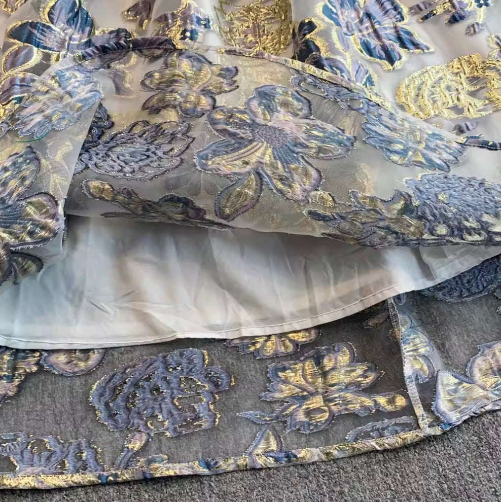 Asymmetric Sleeve Patchwork Jacquard Dress