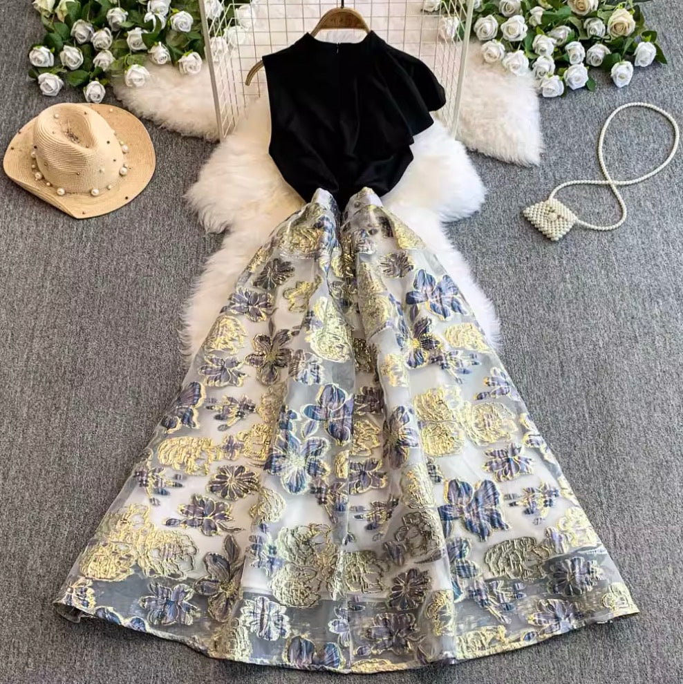 Asymmetric Sleeve Patchwork Jacquard Dress